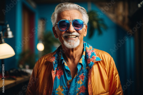 A high self-confident old man. Happy senior man in blue and orange outfit, cool sunglasses, laughing and having fun