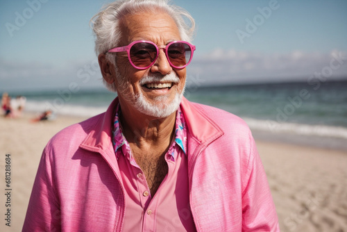 A high self-confident old man. Happy senior man in colorful pink outfit, cool sunglasses, laughing and having fun on the beach