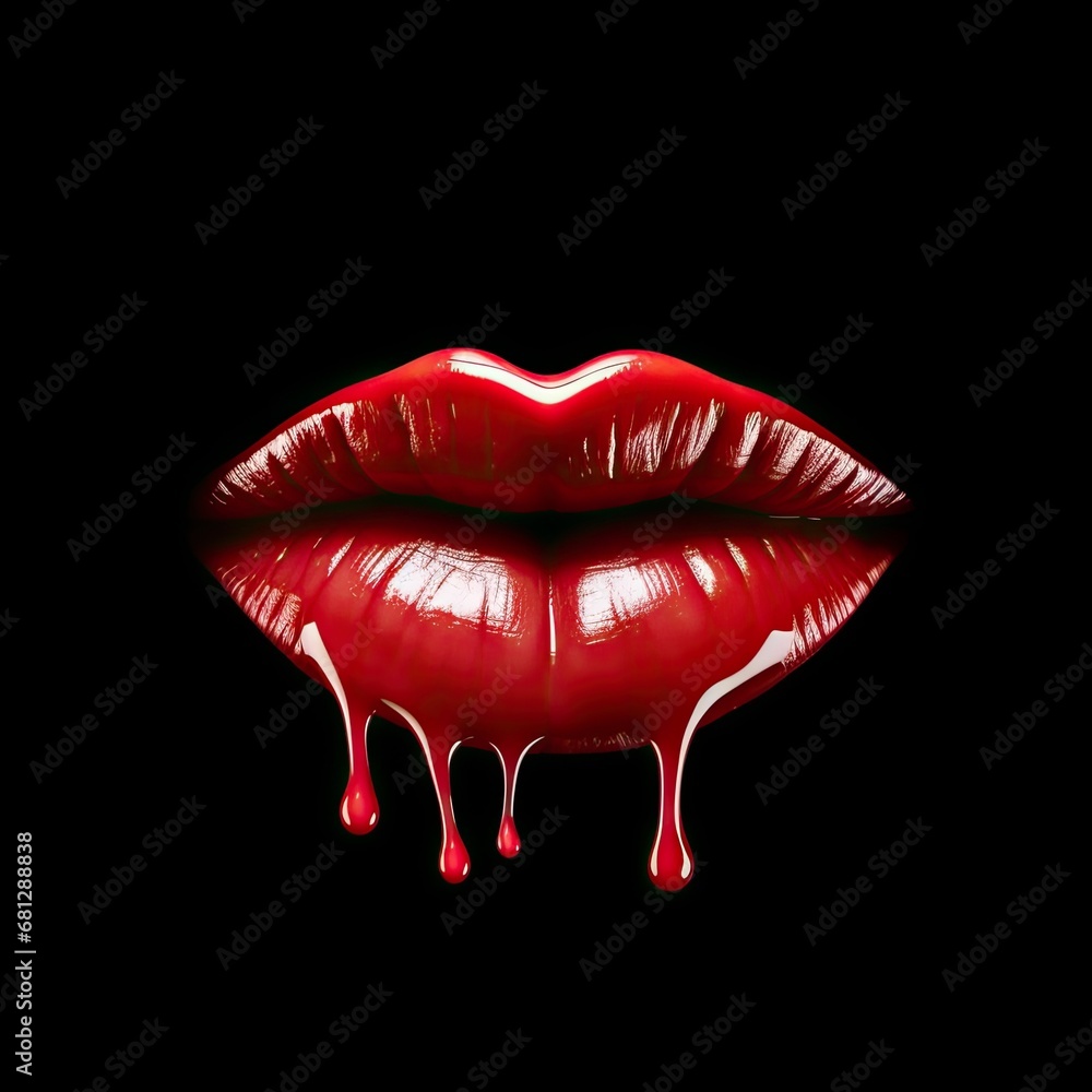 a woman's plump lips with red lipstick, on a black background, dripping