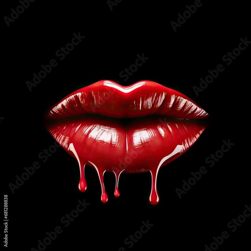 a woman's plump lips with red lipstick, on a black background, dripping, glamour in a Passion/Fashion-themed, horizontal format of photorealistic illustration in JPG. Generative ai