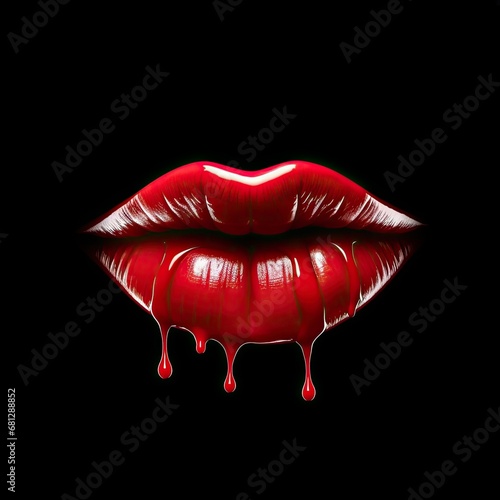 a woman s plump lips with red lipstick  on a black background  dripping  glamour in a Passion Fashion-themed  horizontal format of photorealistic illustration in JPG. Generative ai