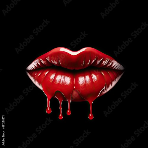 a woman's plump lips with red lipstick, on a black background, dripping, glamour in a Passion/Fashion-themed, horizontal format of photorealistic illustration in JPG. Generative ai