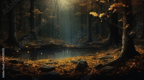 forest scene with gently falling autumn leaves AI generated illustration