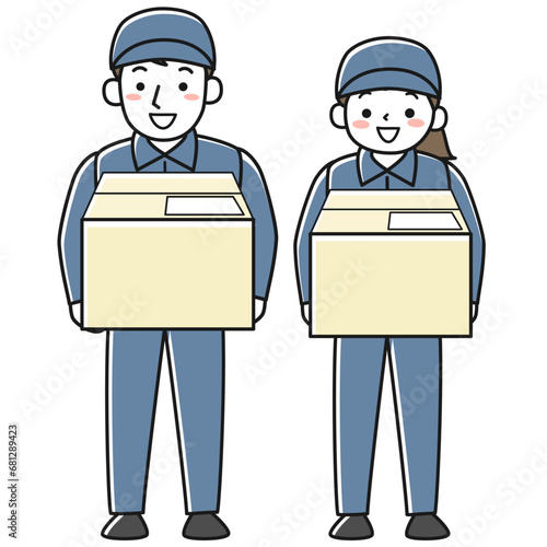笑顔で荷物を運ぶ作業服の男性と女性