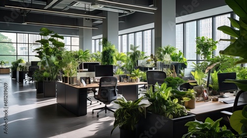 A modern office  with ergonomic spaces and many plants  to provide natural oxygen to the environment and more health for its workers. Generative AI.