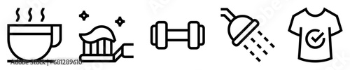 Conjunto de iconos de rutina de la mañana. Hábitos, aseo personal, entrenamiento físico, relajación. Taza de café, cepillo de dientes, mancuerna, ducha, aprobación de vestimenta. Ilustración vectorial