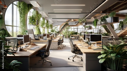 A modern office, with ergonomic spaces and many plants, to provide natural oxygen to the environment and more health for its workers. Generative AI.