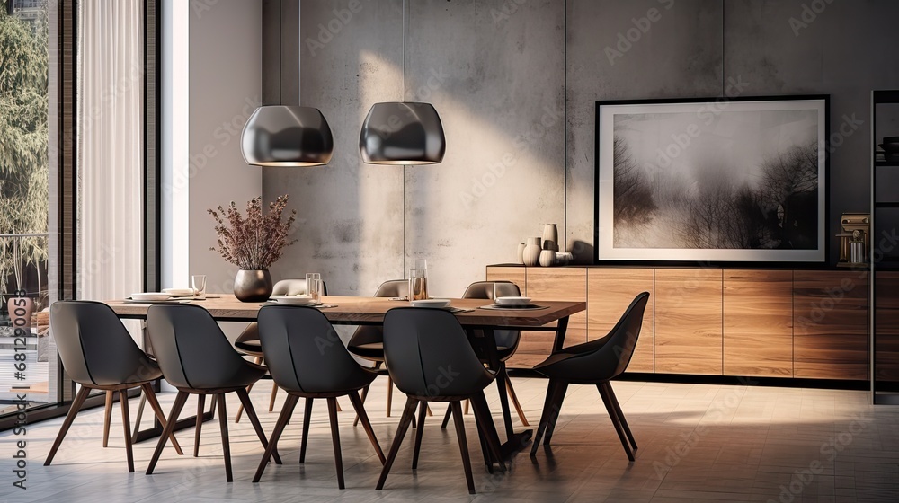 Fototapeta premium A modern and chic dining room, full of style and luxury. Generative AI.