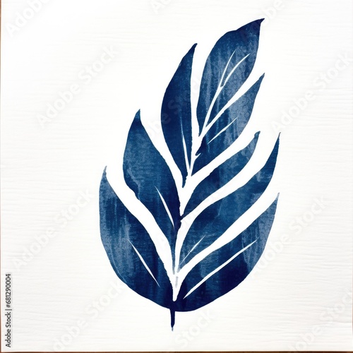 a palm leaf in a navy blue rough texture print Decor-themed, square format of photorealistic illustration in JPG. Generative ai