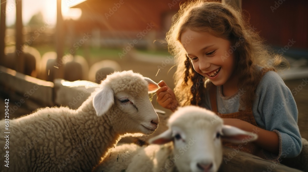 Cute little girl with sheep in farm Cute little girl with sheep in farm