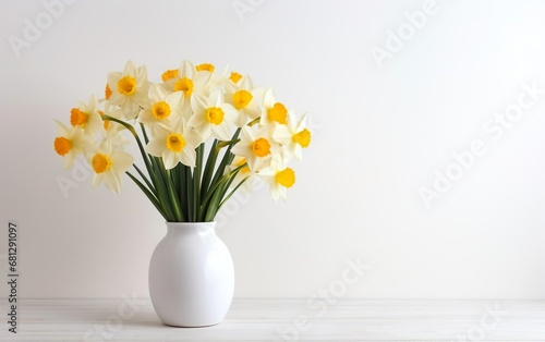 Happy start of spring poster. Beautiful yellow daffodils bouquet with green leafs in white round vase on white wooden textured table surface. Garden flowers. Copy space. Fresh design. AI Generative.