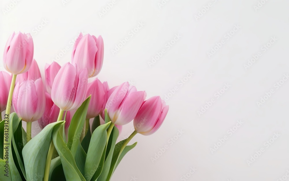 Naklejka premium Happy start of spring. Beautiful photorealistic pink tulips bouquet isolated on white background. Nice garden flowers. Copy space for your text. Pastel colors. Fresh sale banner design. AI Generative.