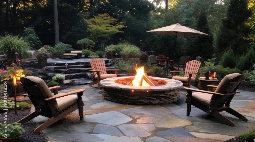 a Stone patio with a fire pit and natural water features/waterfalls in ...
