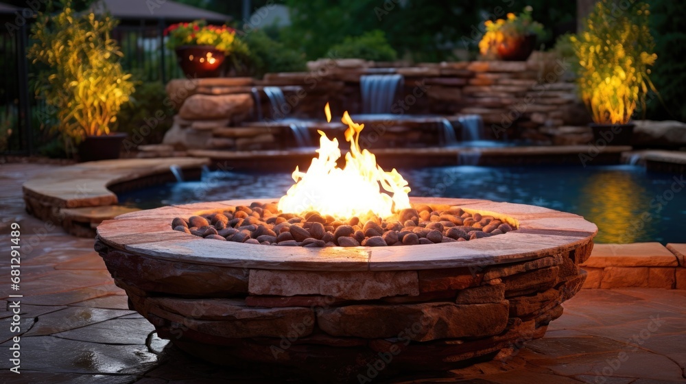 a Stone patio with a fire pit and natural water features/waterfalls in a horizontal background with woodsy accents in an outdoor patio-themed, photorealistic illustration in JPG. Generative ai a Stone patio with a fire pit and natural water features/waterfalls in a horizontal background with woodsy accents in an outdoor patio-themed, photorealistic illustration in JPG. Generative ai