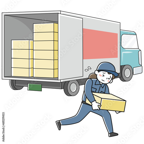 必死に荷物を運ぶ作業服の女性とトラック
