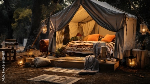 Glamping, glamourous camping, luxury camping in a horizontal background with outdoor accents in an outdoor-themed, photorealistic illustration in JPG. Generative ai
