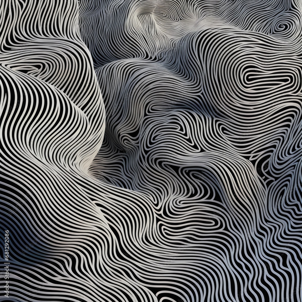 Abstract black and white graphic lines create shapes in a horizontal format as a  background in a topographical-themed, graphic illustration in JPG. Generative ai