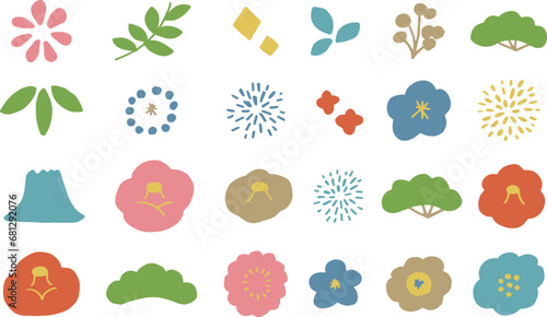 正月年賀状用素材。年賀状用の和風アイコンイラスト。椿や梅のシンプルアイコン。New Year's card material. Japanese style icon illustration for New Year's card. Simple icons of camellia and plum blossoms.