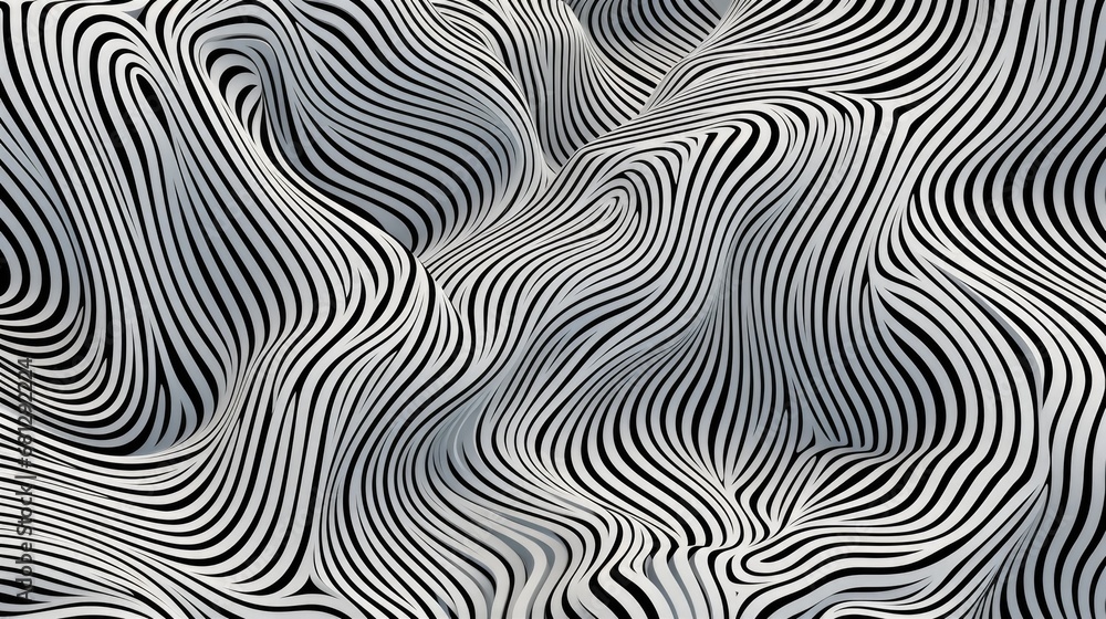 Abstract black and white graphic lines create shapes in a horizontal format as a  background in a topographical-themed, graphic illustration in JPG. Generative ai