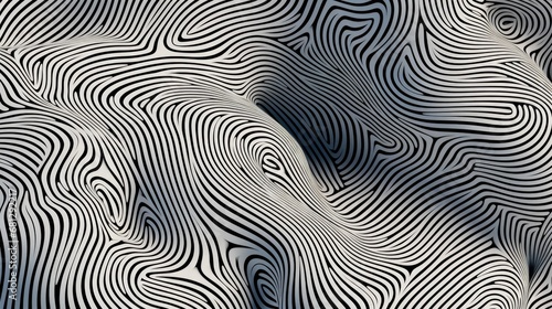 Abstract black and white graphic lines create shapes in a horizontal format as a  background in a topographical-themed  graphic illustration in JPG. Generative ai