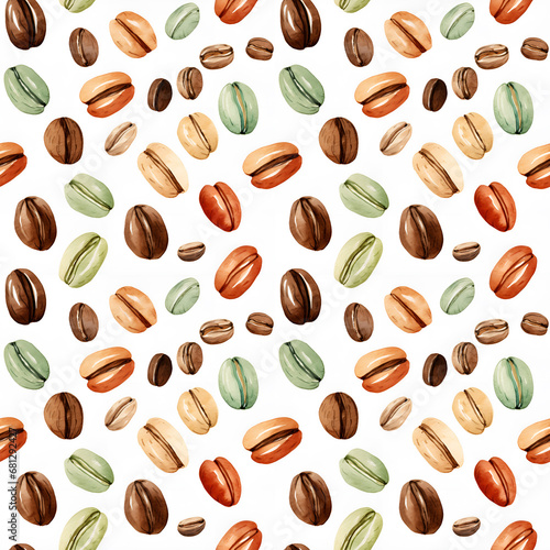 Coffee beans seamless pattern, watercolor illustration, background.