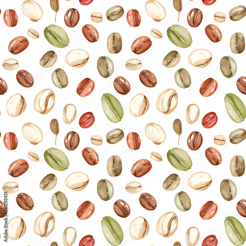 Coffee beans seamless pattern, watercolor illustration, background.