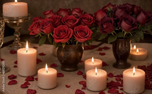 Background for Valentine's concept, background bathed in hues of passionate reds, enchanting scene with scattered rose petals and flickering candles, Romantic and warm feeling.