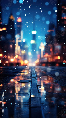 Rain-soaked city street gleams under the night sky, with bokeh lights creating a captivating backdrop. The background is a mosaic of city life and weather's beauty.
