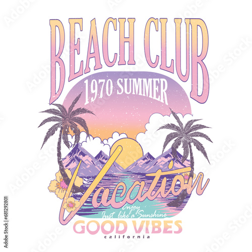 Women's summer graphic tee is vivid color tone , palm tree, sun, Skye, gradient, cool text print and mixed together.