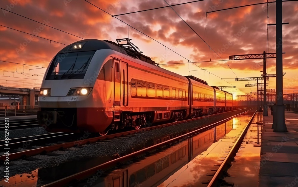 Realistic photo of train at sunset, industrial landscape with intercity passenger train. generative ai
