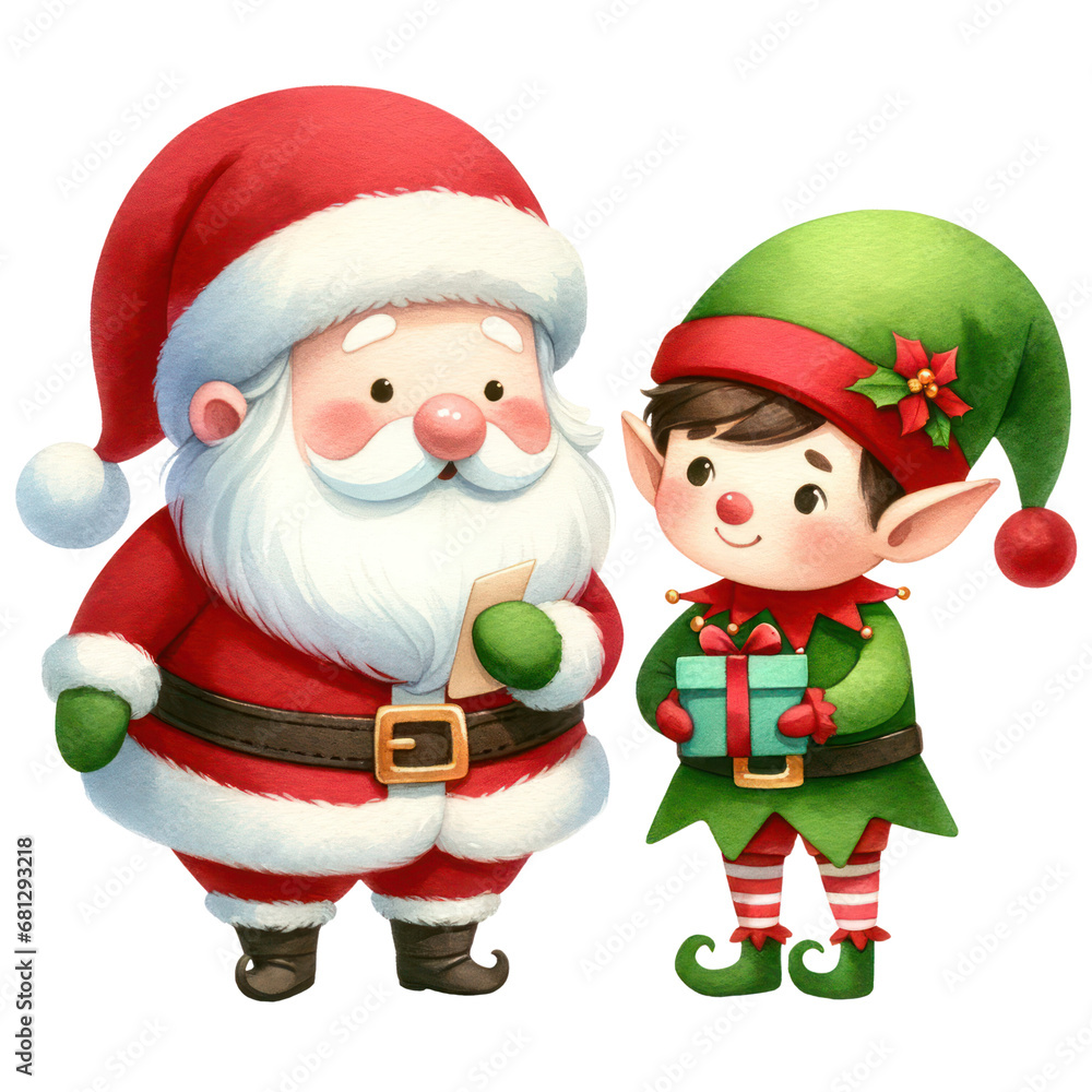 Cute Happy Santa Claus and Elf, Watercolor, Cartoon Character, Festive Christmas Celebration, Isolated on Transparent Background. Generative AI Cute Happy Santa Claus and Elf, Watercolor, Cartoon Character, Festive Christmas Celebration, Isolated on Transparent Background. Generative AI