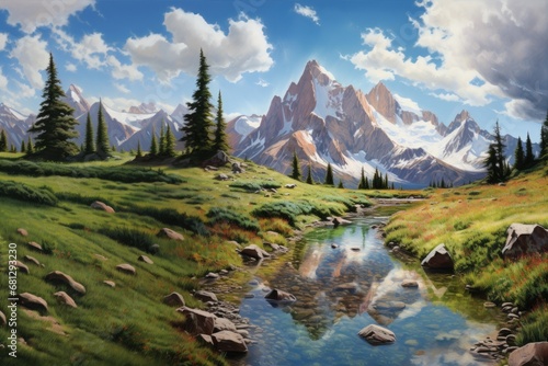 a mountain landscape with trees and a stream in mid-summer, in a horizontal format in a get Outdoors-themed, photorealistic illustration in JPG. Generative ai