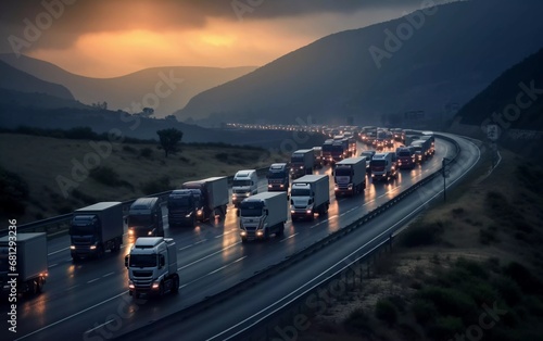 Realistic photo of trucks queuing on the freeway  with dusk in the background. generative ai