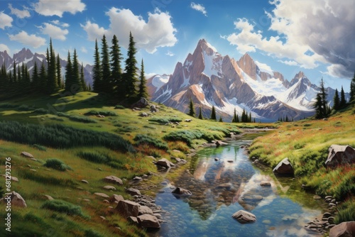 a mountain landscape with trees and a stream in mid-summer, in a horizontal format in a get Outdoors-themed, photorealistic illustration in JPG. Generative ai © Purple Penguin GFX