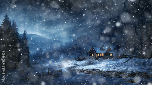 night winter landscape of nature, a lonely hut among the snowfall in the forest mountains, the shelter of a forester in the north, snowflakes falling, dark blue evening