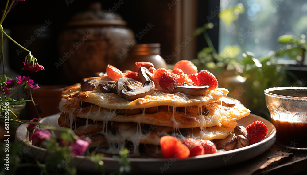 Freshly baked homemade pancakes with sweet strawberry and blueberry toppings generated by AI