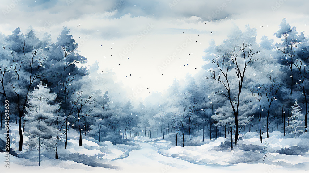 Obraz premium white watercolor snowfall in the forest, winter abstract background illustration with copy space, greeting card form