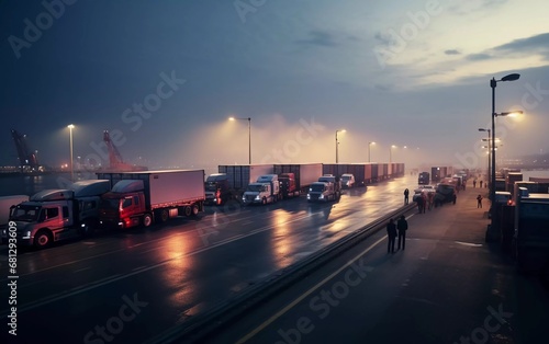 Realistic photo of trucks lined up at the port, queuing for the crossing. generative ai