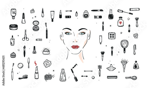 Beauty and Fashion Items. Makeup Set. Cosmetics Collection. Hand Drawn Doodle Cosmetic Products. Beautiful Woman Face with Make up. Young Girl. Face Chart. Vector illustration