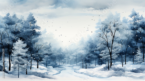 white watercolor snowfall in the forest, winter abstract background illustration with copy space, greeting card form © kichigin19