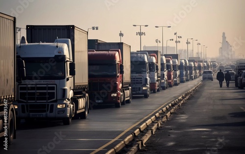Realistic photo of trucks lined up at the port, queuing for the crossing. generative ai