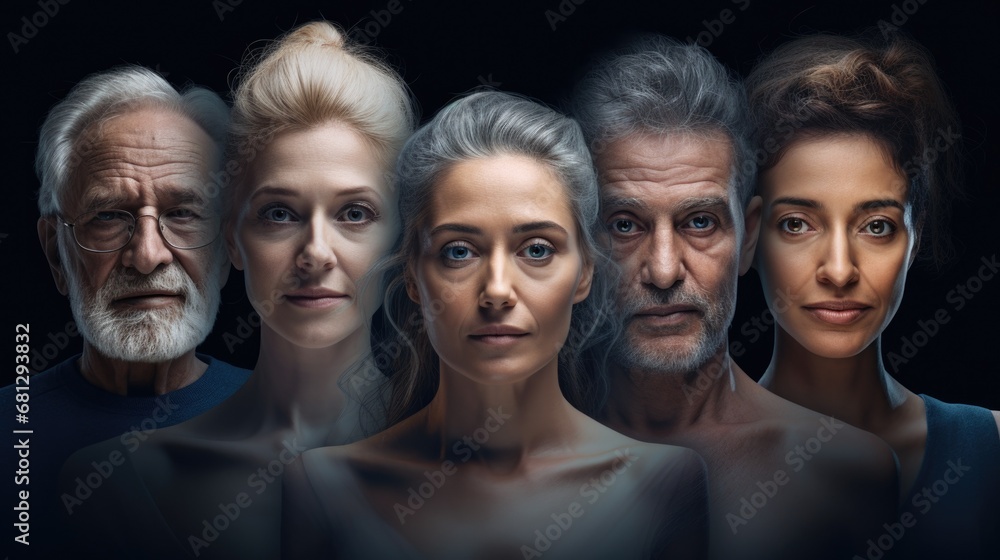a horizontal format of Faces of aging men and women in a Health-themed, realistic illustration in JPG. Generative ai a horizontal format of Faces of aging men and women in a Health-themed, realistic illustration in JPG. Generative ai