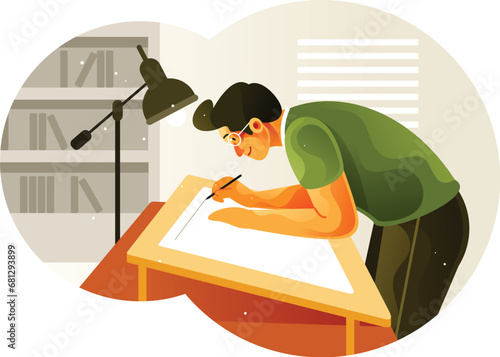 Draftsman works on a drawing board