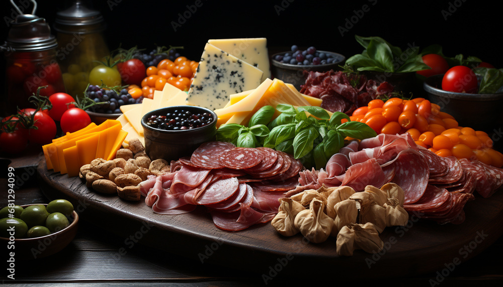 A rustic table with a variety of gourmet delicatessen generated by AI