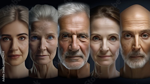 a horizontal format of Faces of aging men and women in a Health-themed, realistic illustration in JPG. Generative ai