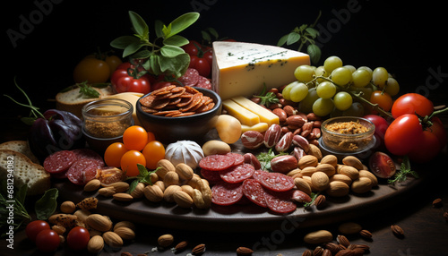Freshness and variety on a rustic wooden table gourmet appetizers generated by AI