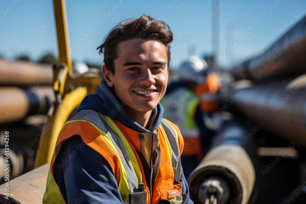 Portrait of satisfied construction site manager wearing safety vest and blue helmet with copy space. Young middle eastern architect watching construction site with confidence and looking at camera. Portrait of satisfied construction site manager wearing safety vest and blue helmet with copy space. Young middle eastern architect watching construction site with confidence and looking at camera.