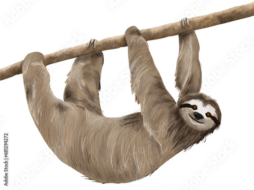 Happy sloth hanging from a tree illustration