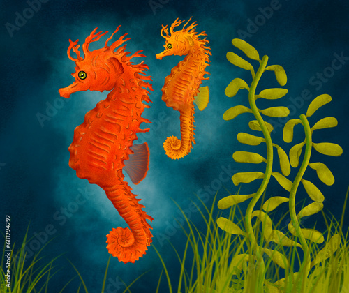 A couple of seahorses swimming in the ocean illustration