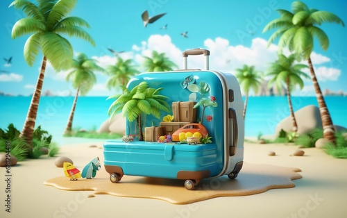 3d illustration of beach in travel suitcase, spring break concept. generative ai